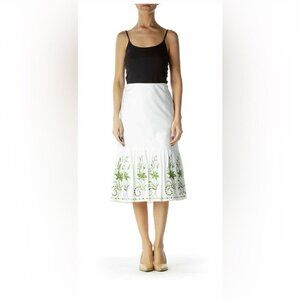 Ann Taylor White & Green Embroidered A-Line Fit and Flare Skirt Size 6